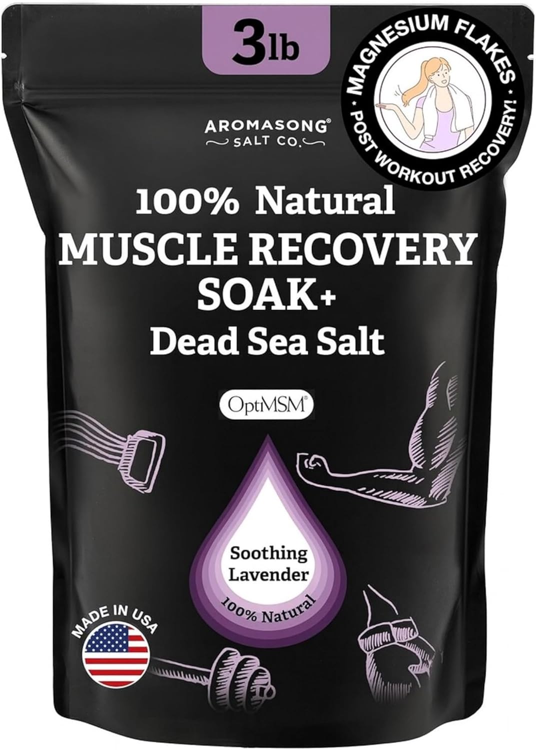 Aromasong Muscle Recovery Bath Soak for Muscle | Sore Muscle Soak with Dead Sea Salt, OptiMSM, Magnesium Flakes & Essential Oils | 3 Lb. - Made in USA.