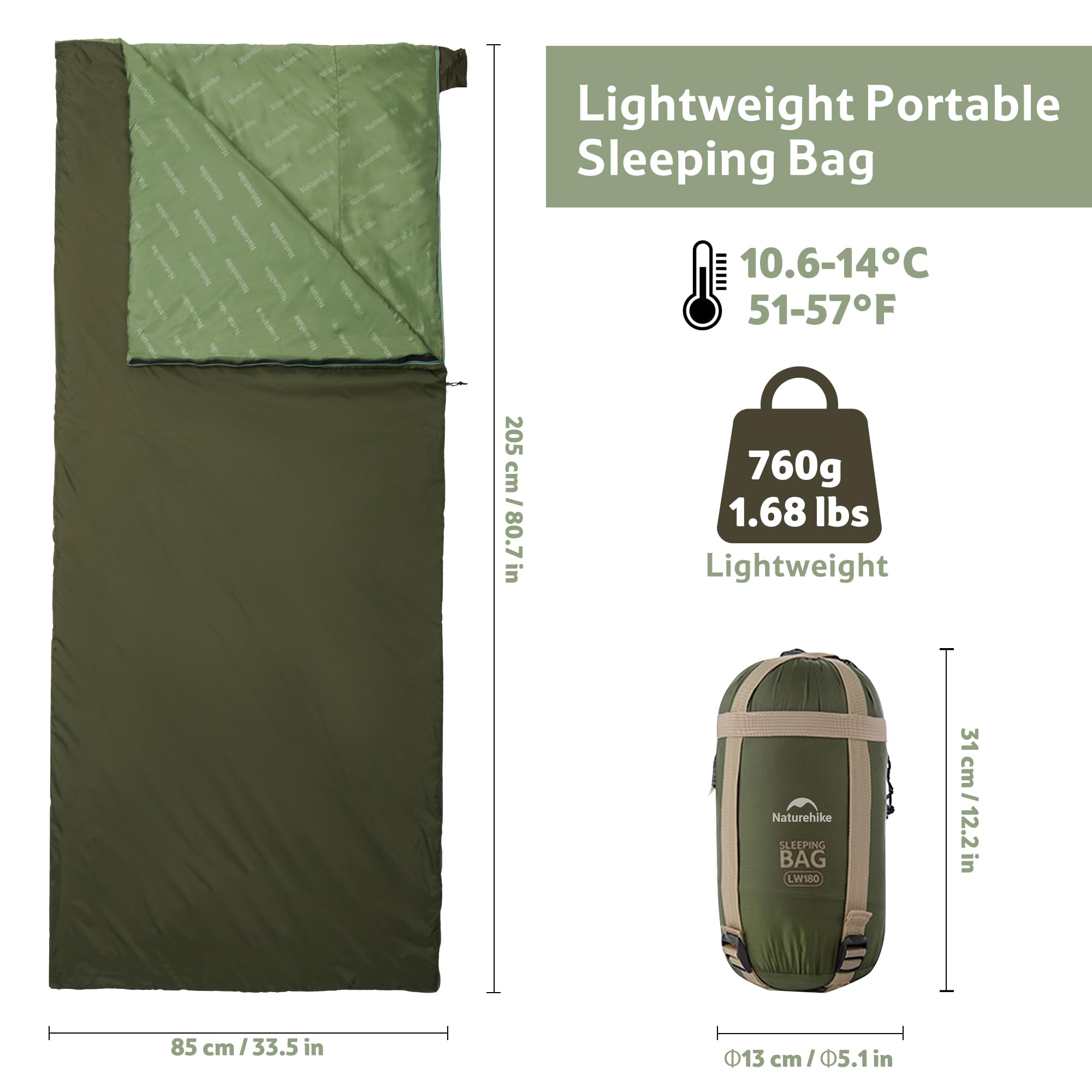 Naturehike Saco de Dormir Ultraligero de Verano (760 g), sobre Ligero y portátil, Saco de Dormir de algodón para 3 Estaciones, Impermeable, cómodo con Saco de compresión, Viajes, Camping, Senderismo,