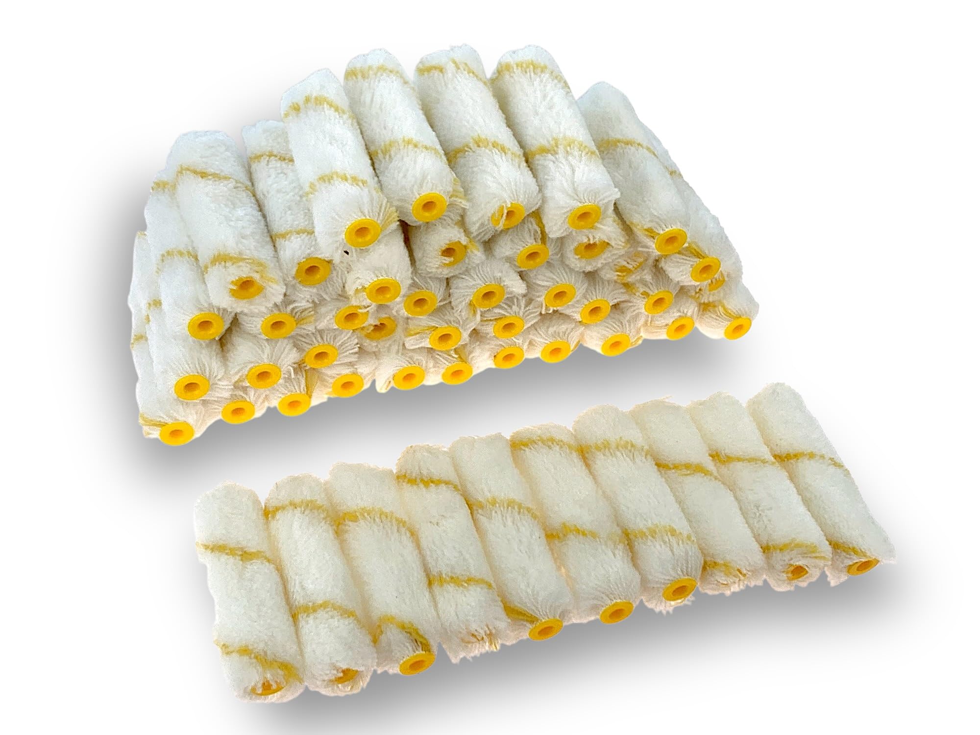 Pack 50 manchons mini rouleaux pattes de lapin rayées jaune | Polyamide 100 mm | Peinture plinthes radiateurs surfaces plates coques bateaux | Kibros 4KIT741x5