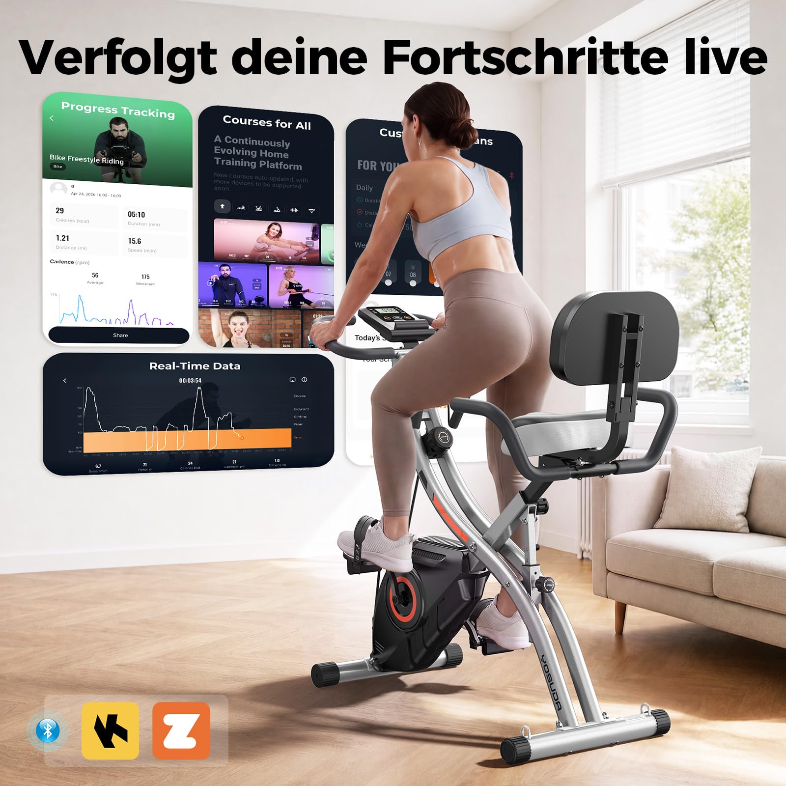 YOSUDA Neu 5-IN-1 Heimtrainer Fahrrad Klappbar, Hometrainer Fahrrad mit APP, Widerstandsbändern, Ergometer Heimtrainer Senioren mit Ergonomischem Sitz, 8/16 Leise Magnetwiderstand, Bis 150 KG