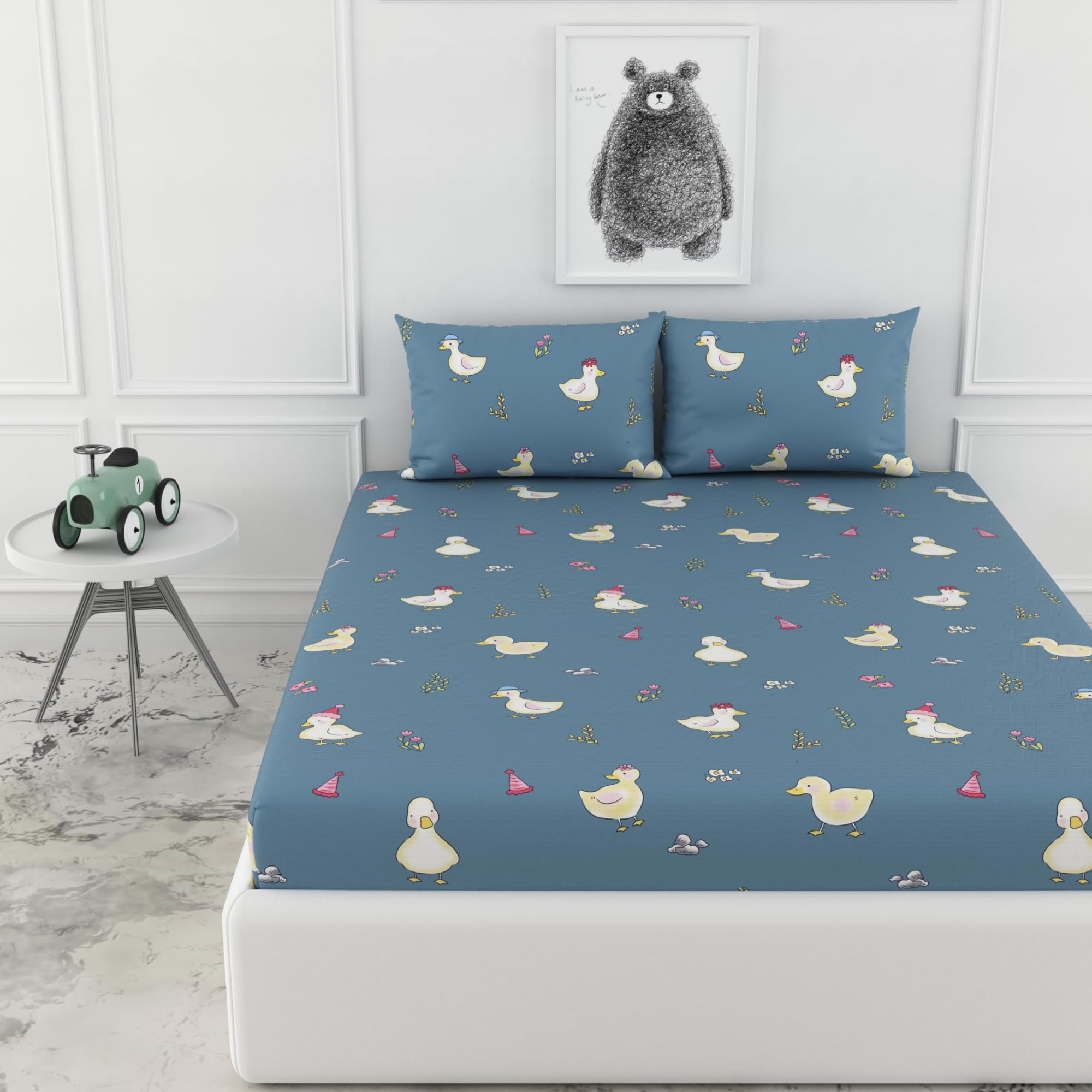 LORETO - A QUALITY LINEN BRAND 144 TC 100% Pure Cotton Double/Queen Fitted Bedsheet with 2 Pillow Covers for 72 x 60 Inch Mattress, All-Around Elastic, 8 Inch Deep Pocket, Pastel Blue Duck Party-image-33