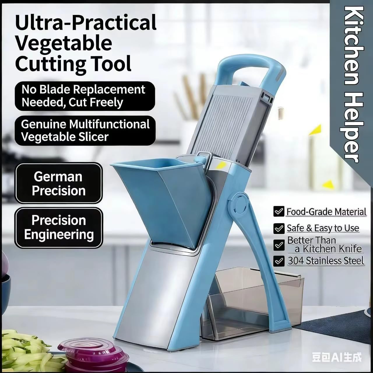 Safe Mandoline Slicer for Kitchen, Adjustable Vegetable Cutter with Container, 40+ Cuts No Blade Change, 0.1-8mm Thickness, Stainless Steel Blades for Potato, Onion & Salad (Green)