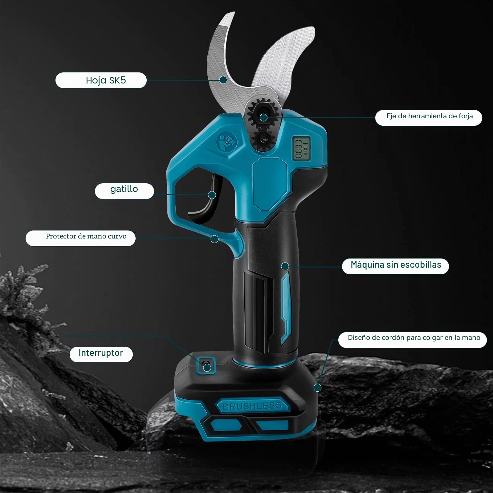 WingFly Podadora de Batería, Tijeras de Poda Eléctricas con 2 Baterías, Motor sin Escobillas, Diámetro Máximo 28 mm, Adecuado para Parterres, Jardines, Ramas (Azul)