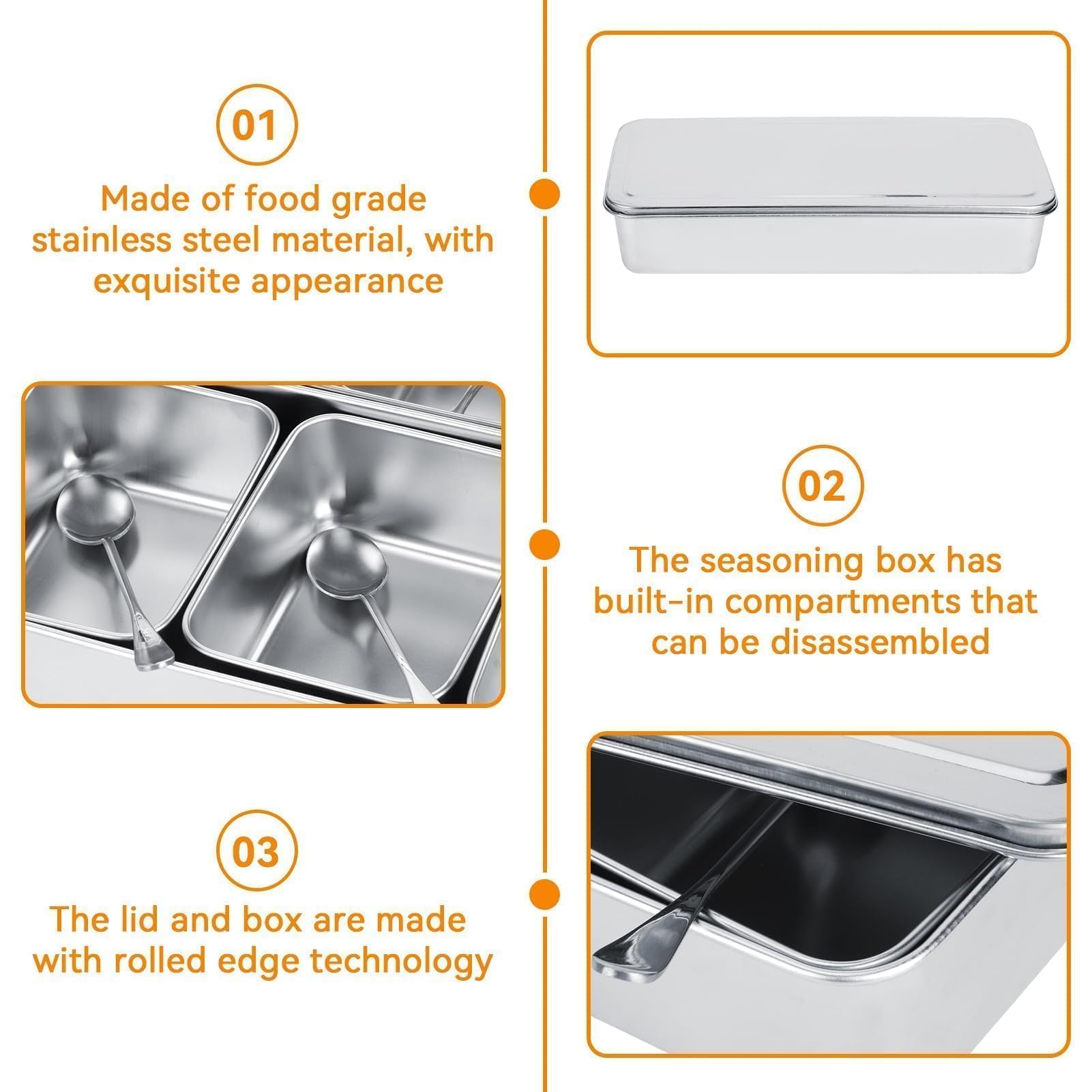 Set di contenitori per condimenti in acciaio inox, con 3 scomparti, per spezie, sale, zucchero, utensili da cucina e condimenti, con coperchio per cucchiai