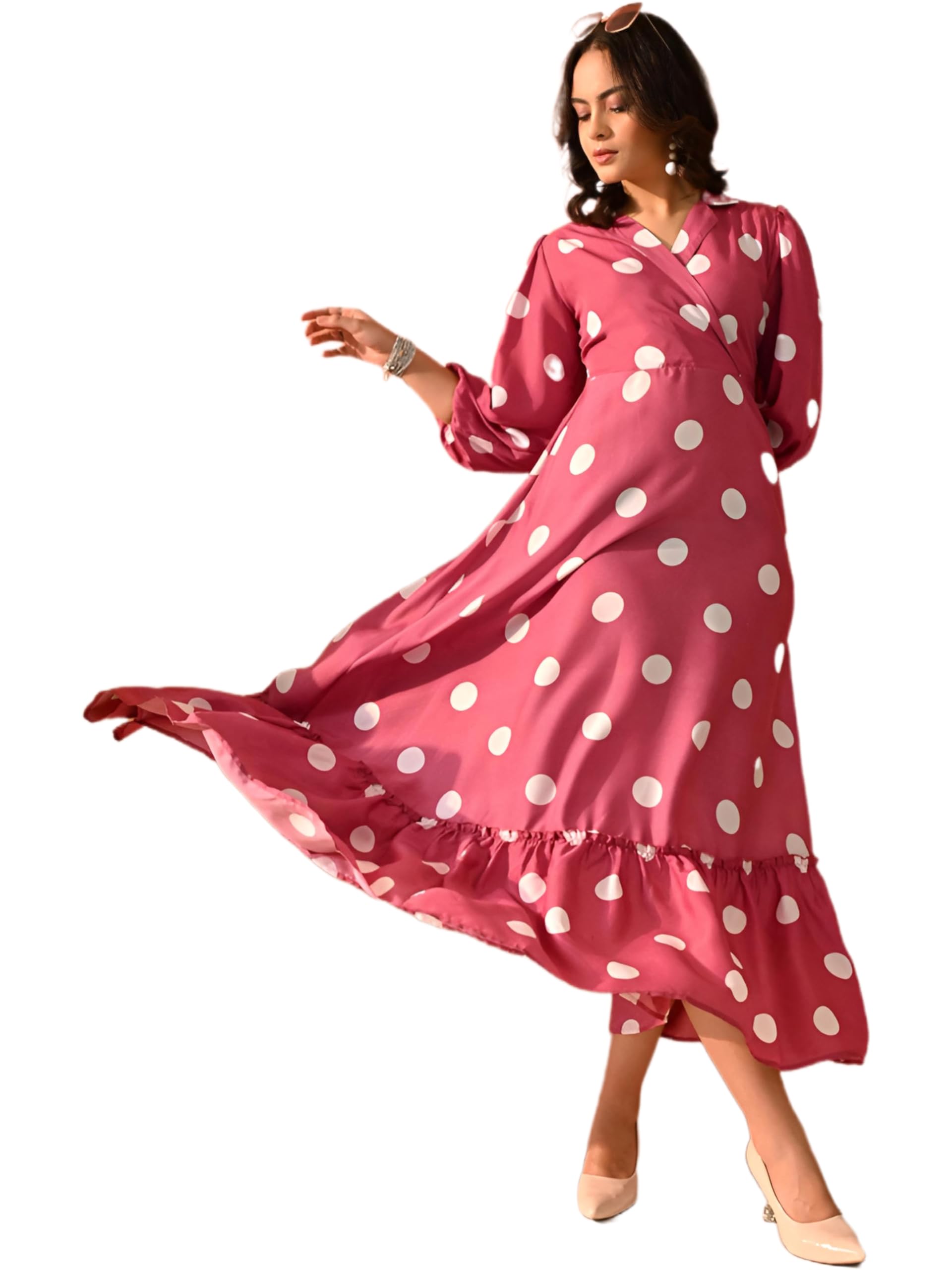 Women's Polka Dot Print Collared Maxi Dress | Ruffle Hem Long Sleeve Gown | A-Line One Piece Dress-image-35
