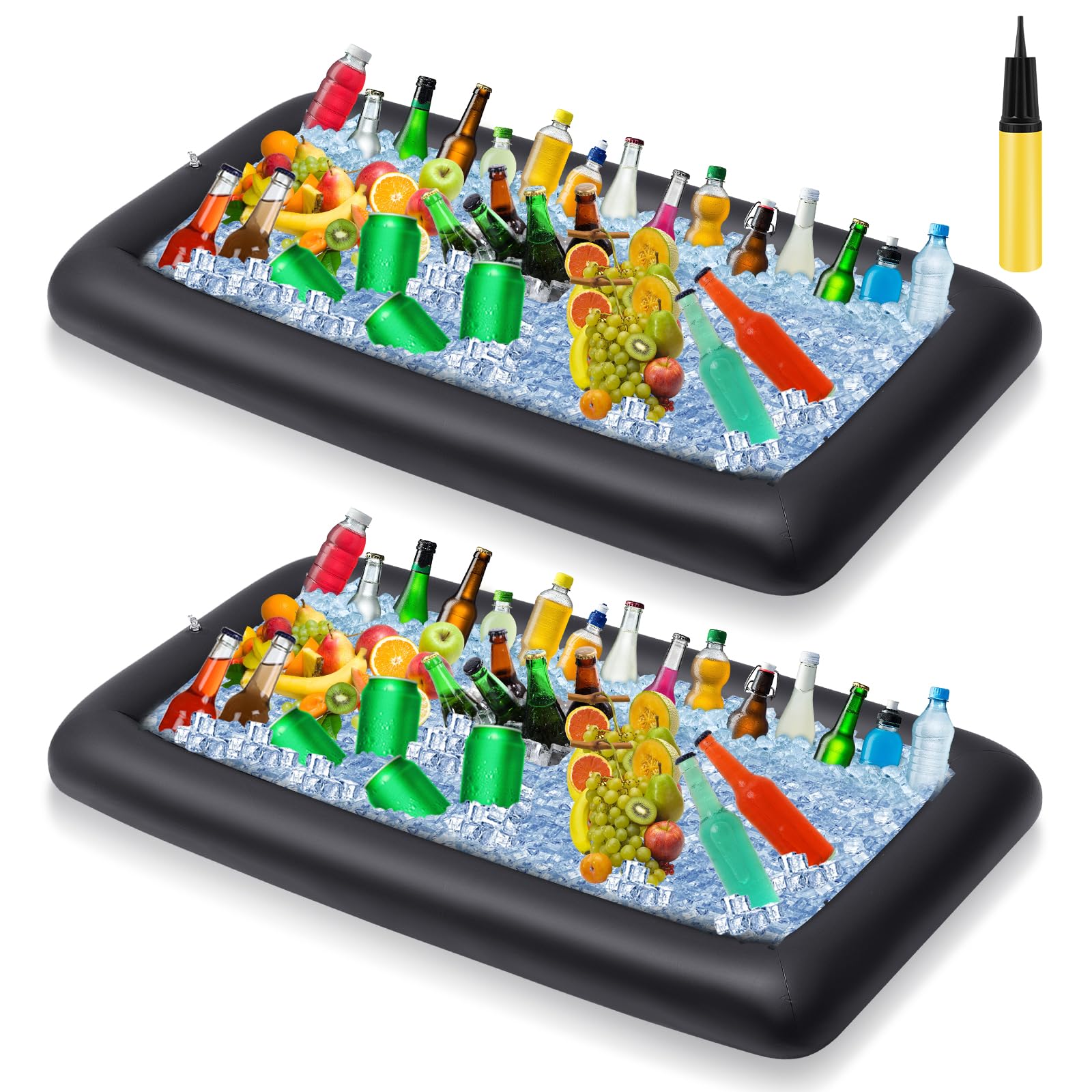 Leitee 2 Pcs Inflatable Serving Bar with Drain Plug 52 x 24 x 5'' Inflatable Ice Serving Buffet Bar with Inflator for Party Food Cooler Buffet Drink (Black)