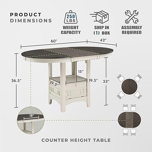 Miniatura 3 de Lexicon Dante Mesa ovalada de alto mostrador para 4, mesa de comedor de madera expandible con hoja extensible, base de almacenamiento incorporada,