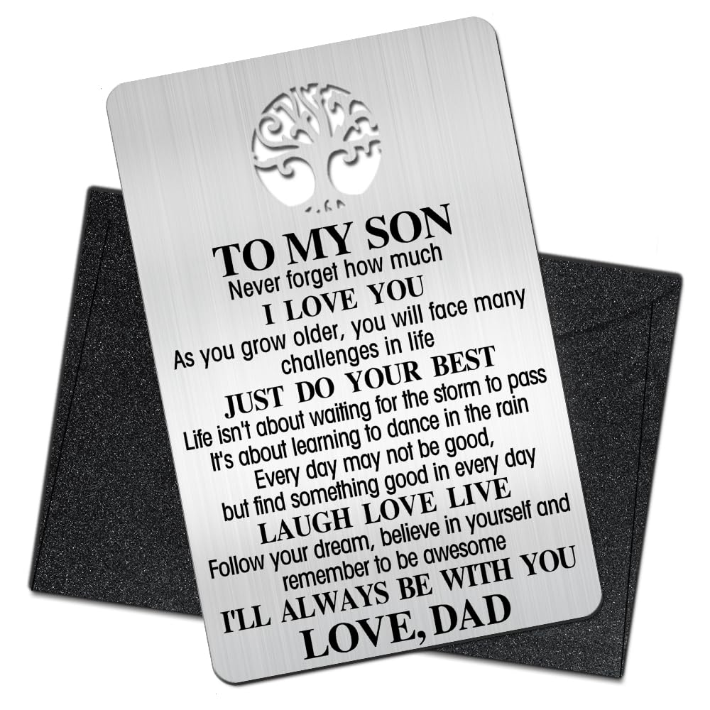Tarjeta de cartera con texto en inglés "To My Son", tarjeta de inserción de metal grabada, nota de amor de papá, regalos para hijo con cita inspiradora, llegada a la mayoría de edad, regreso a