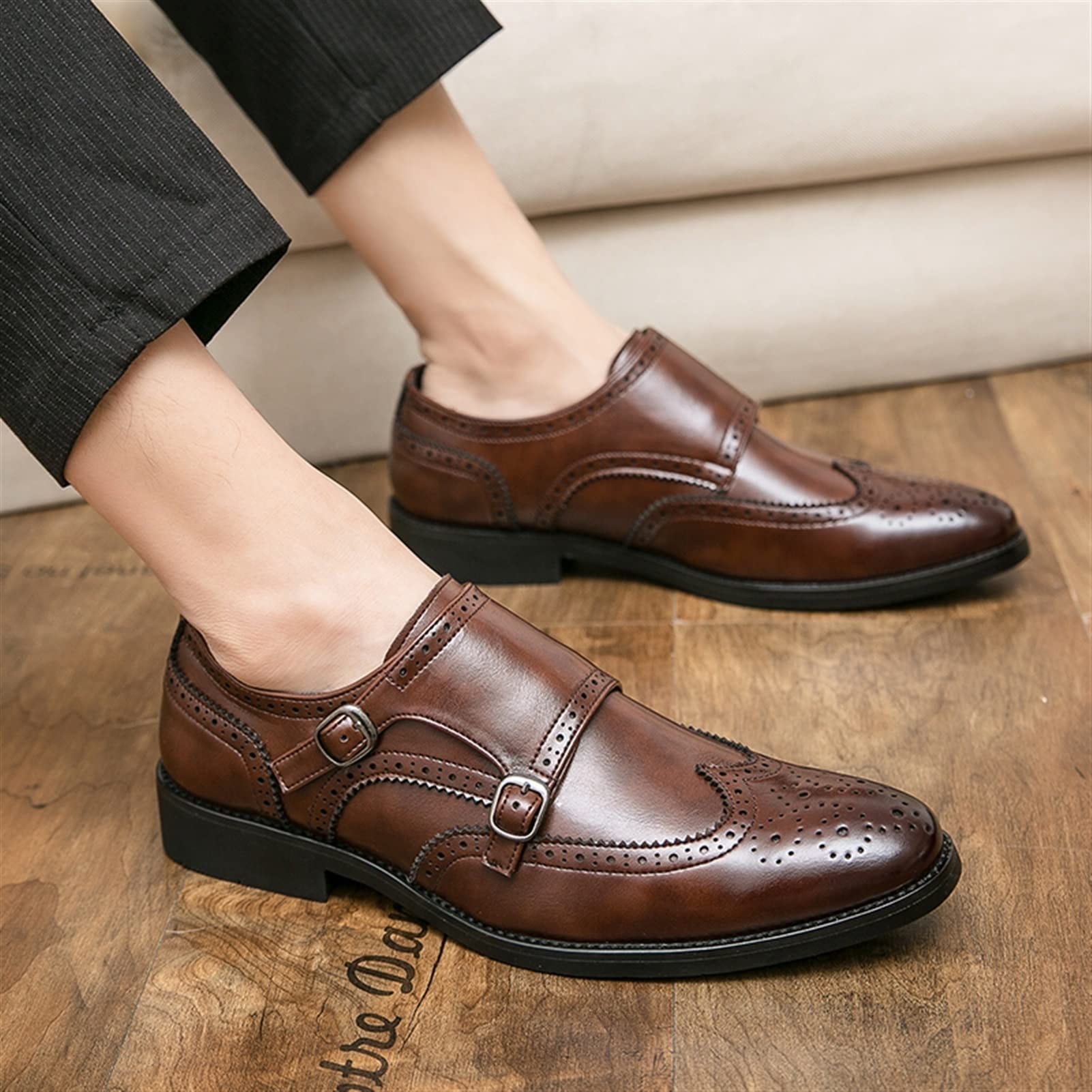 MCMUS Zapatos Oxford for Hombre Slip On Double Monk Strap Brogue Punta de ala en Relieve Faux Leather Block Heel Anti-Slip Suela de Goma Low Top Casual Adecuado para Muchas Ocasiones