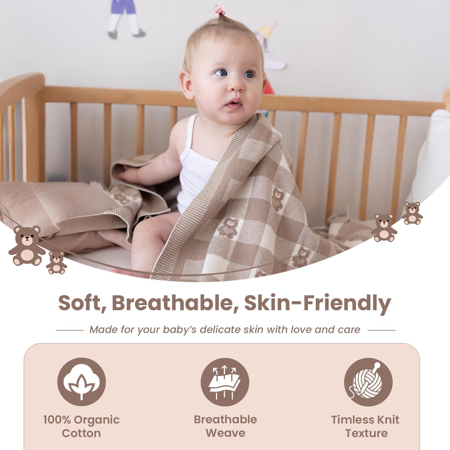Couverture tricotée pour bébé, certifiée GOTS, 100 % coton biologique, avec ours en peluche, douce et légère, idéale pour emmailloter et se blottir dans une boîte cadeau