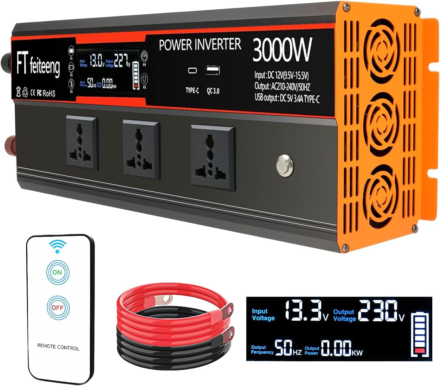 Falownik 3000 W, 12 V na 230 V, inwerter 12 V 230 V z 3 gniazdami AC, wyświetlacz LCD, bezprzewodowy pilot zdalnego sterowania, porty USB typu C, nadaje się do samochodu, kampera, na zewnątrz