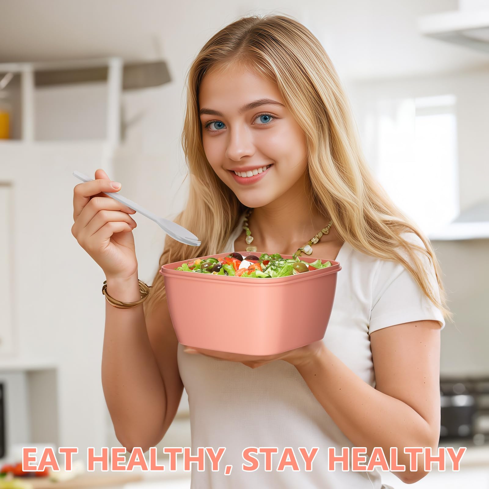Cherrysea Contenedor de almuerzo para ensalada, paquete de 2 cuencos de ensalada con bandeja de 3 compartimentos, lonchera a prueba de fugas con tenedor para hombres, mujeres, contenedor de aperitivos
