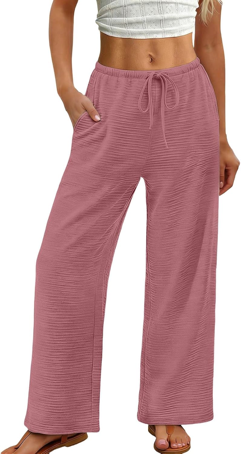 ABABC Palazzo Pants for Women Flowy Drawstring Elastic Waist Wide Leg Pants Summer Beach Vacation Trousers with Pockets