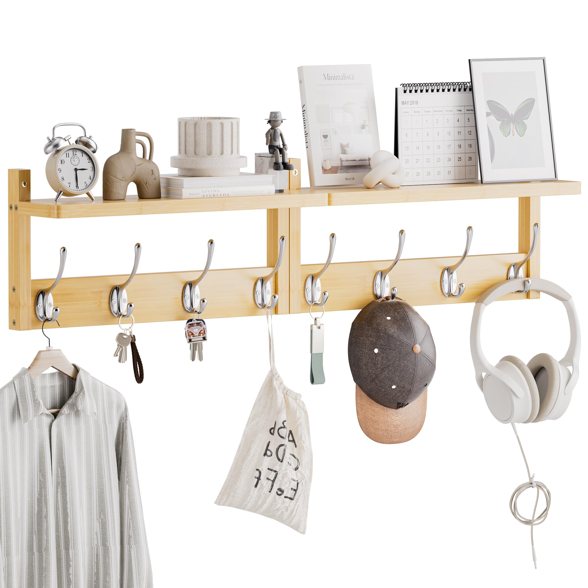 STELLSTAR Coat Rack with Shelf, 2 Pack Bamboo Wall-Mounted Coat Hanger with 8 Hooks for Entryway, Hallway, Kitchen, Bathroom, Living Room, Utility