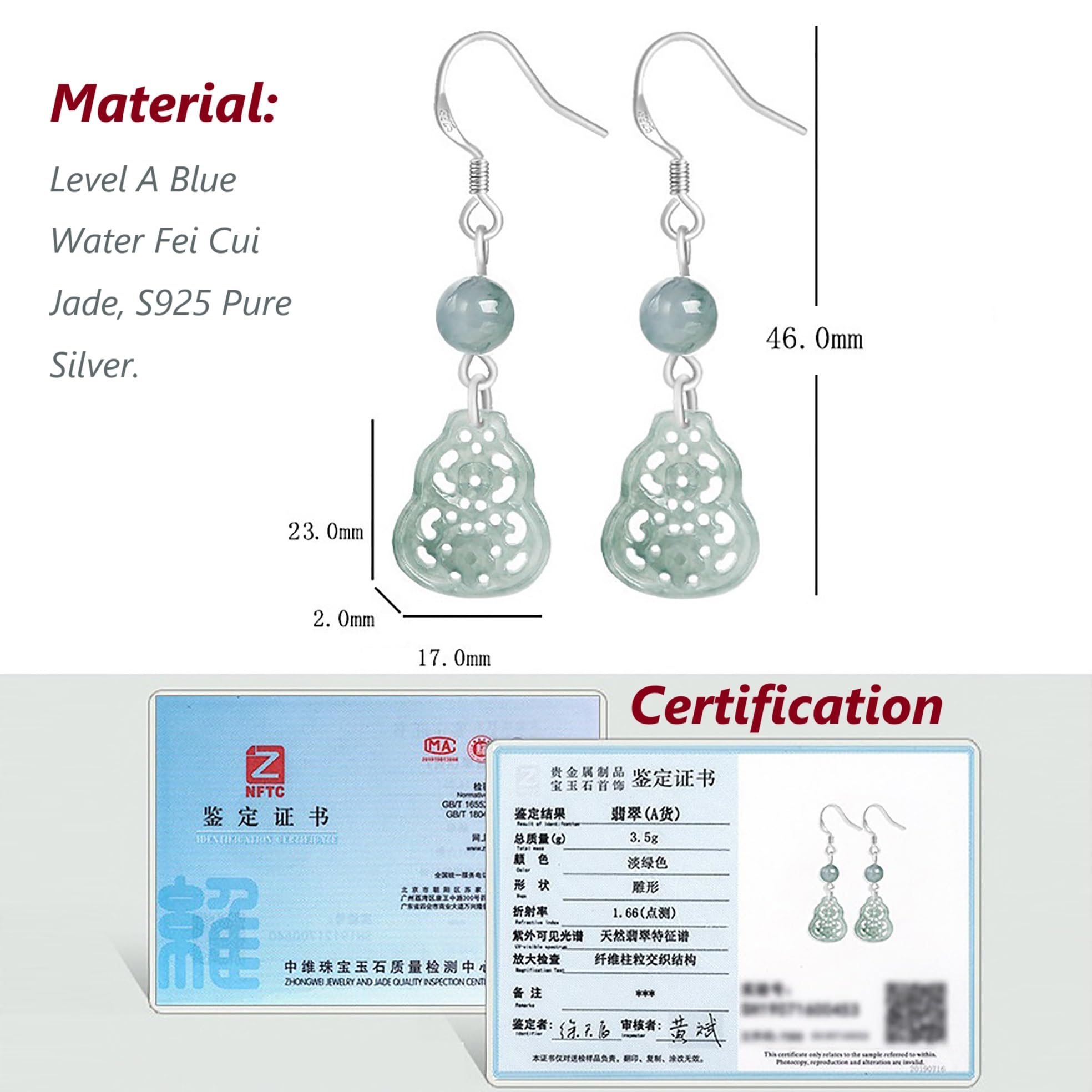 Jade Earrings Feng Shui Wealth Jewelry Green Fei Cui Jadeit Antique Gourd Wu Lou Pendant Hollow-Cut Flowers Longevity Calabash Crystal Ear Stud Pure Silver Parts Chakra Balance Quartz Dangler