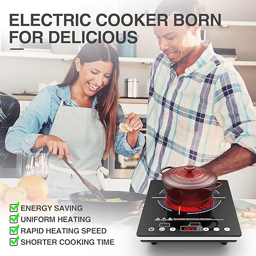 Miniatura 2 de VBGK Placa de Cocción Eléctrica, estufa eléctrica de 110 V, control táctil LED de un solo quemador, 9 niveles de potencia, bloqueo y temporizador