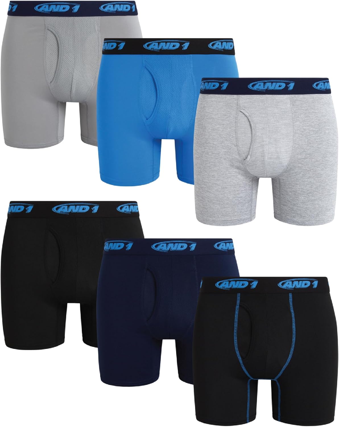 AND1 Mens Boxer Briefs - 6 Pack Platinum Performance Mens Boxers with Fly Pouch - Underwear Boxers for Men, 6" Inseam