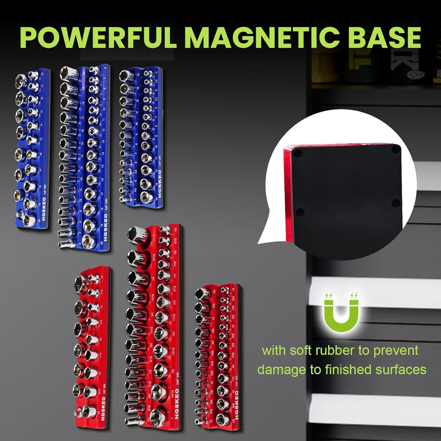 Magnetic Socket Organizer Set, 6 Pcs Red SAE and Blue Metric Socket Tray Set for 1/4", 3/8" & 1/2" Sizes Drive, Socket Holder Holds 143 Sockets for Tool Box