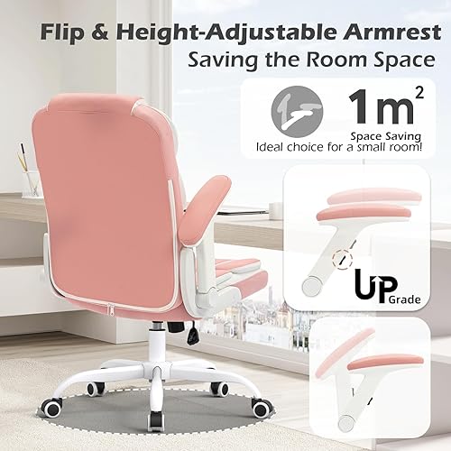 Miniatura 5 de Silla de escritorio ergonómica, silla de oficina rosa, sillas de escritorio con ruedas y reposabrazos abatibles, silla de computadora ajustable de