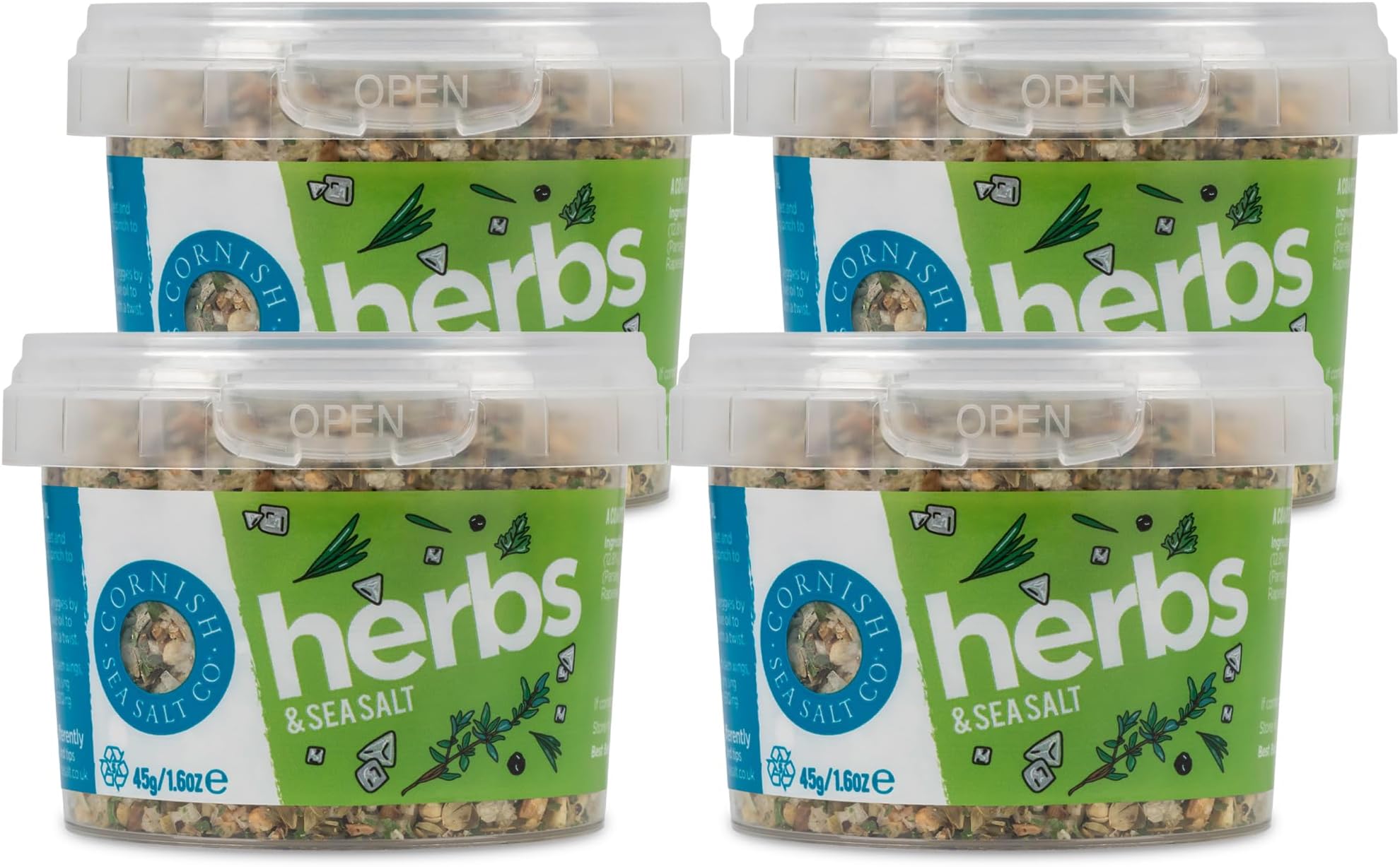 Cornish Sea Salt Tub (4 Pack, Herby Sea Salt 45g), 1.00 kg (Pack of 1)
