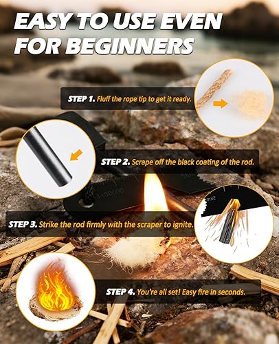 Miniatura 5 de Kit de iniciación de fuego 5 en 1, herramienta de supervivencia con pedernal y acero, silbato de emergencia, multiherramienta para tarjetas de