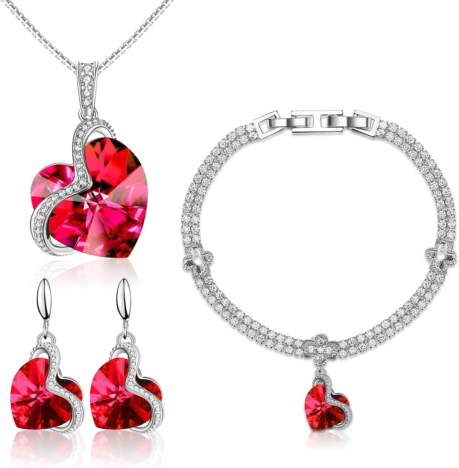 Blissful Heart Crystal Jewelry Sets For Women 18K White Gold Plated Bracelet Necklace and Earrings Sets for Wife Girlfriend or Mothers Idea Gift for Special Women in Life