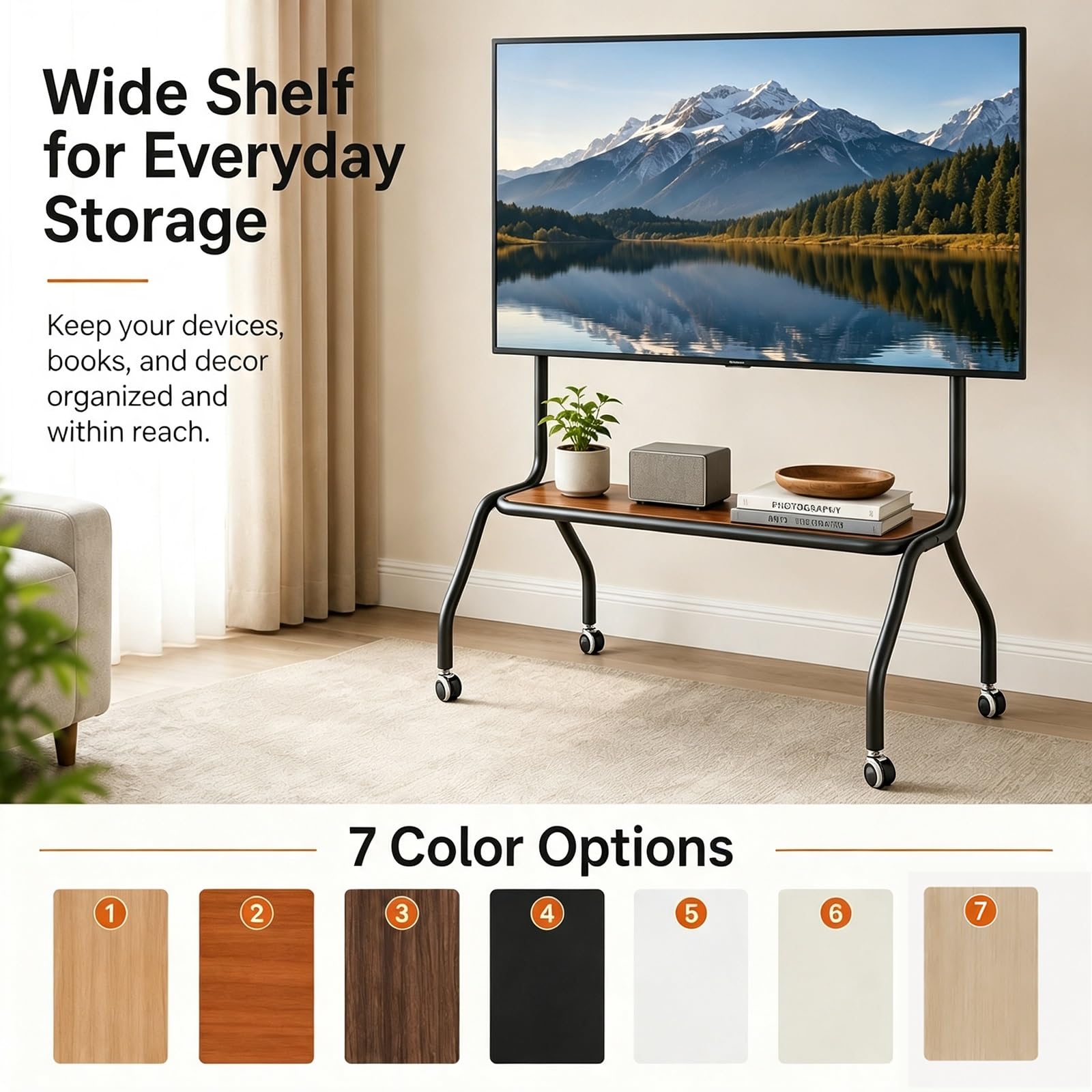 Supporto TV Mobile con Ruote, Supporto TV Autoportante | Robusto Telaio in Acciaio al Carbonio, Ripiano Portaoggetti per TV da 40–75 Pollici(Brown,120cm/47in)