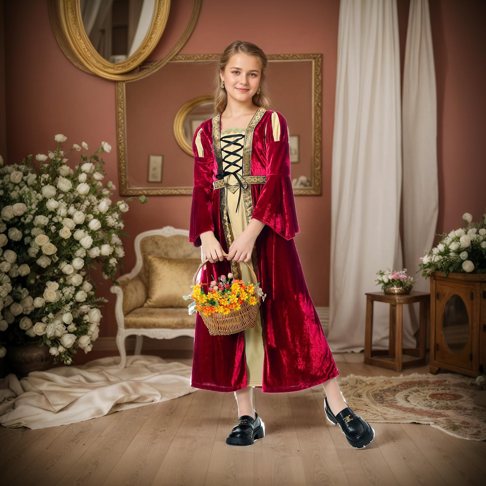 HAPNBCELE Medieval Dress for Girls Vintage Princess Renaissance Fair World Book Day Halloween Christmas Birthday 4-14 Years (Red - Image 3