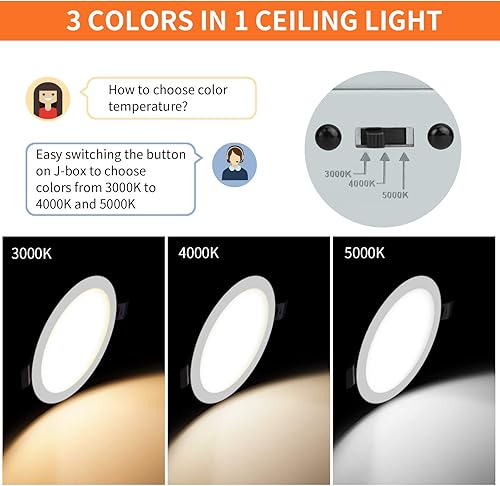 Miniatura 4 de Meconard Paquete de 6 luces de techo empotrables LED ultrafinas de 6 pulgadas, 3000 K4000 K5000 K seleccionables, regulables 12 W  110 W, 1050