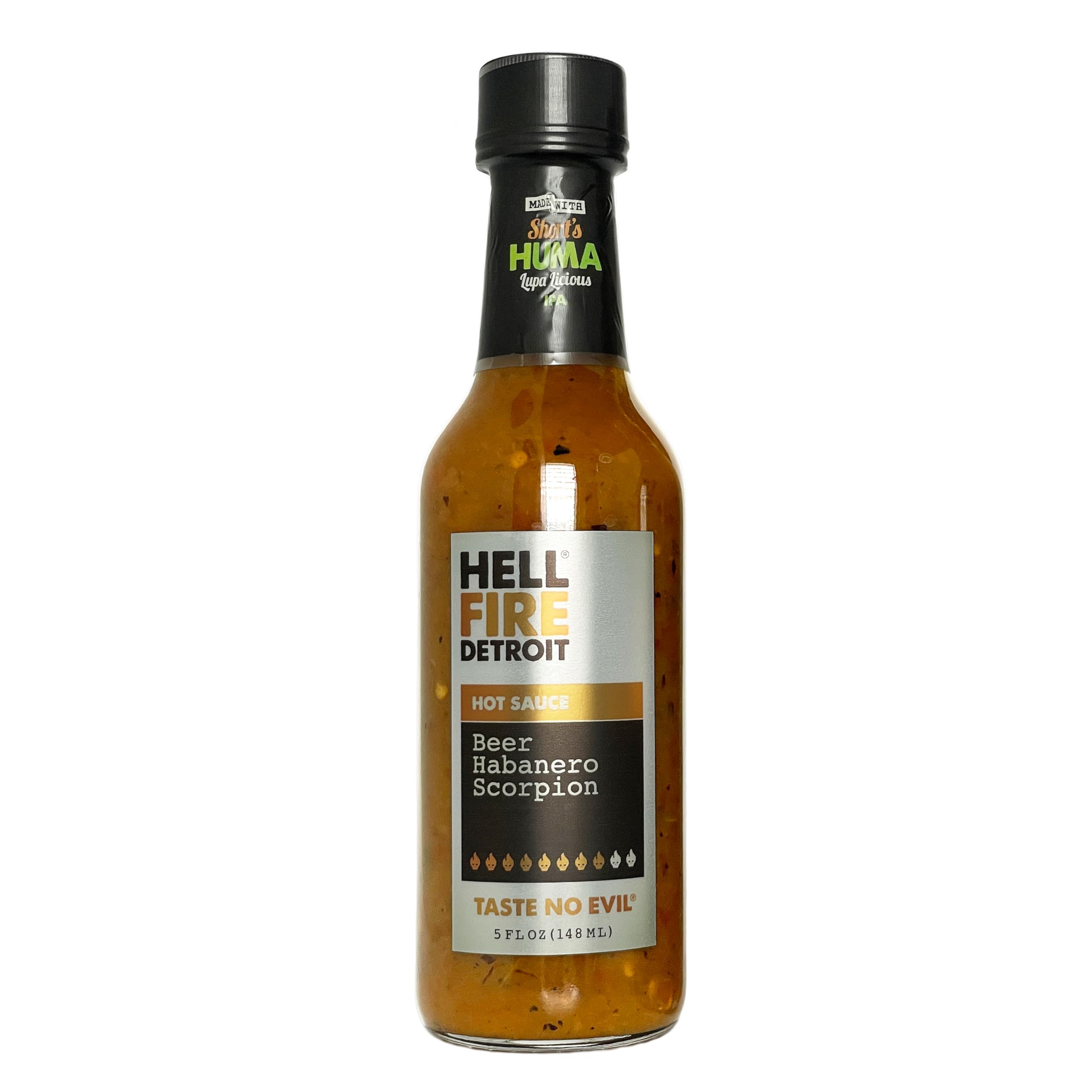 Hell Fire Detroit Beer Habanero Scorpion Hot Sauce (Extra hot), Crafted with Fresh, Fire-Roasted Habanero and Trinidad Scorpion Chile Peppers,