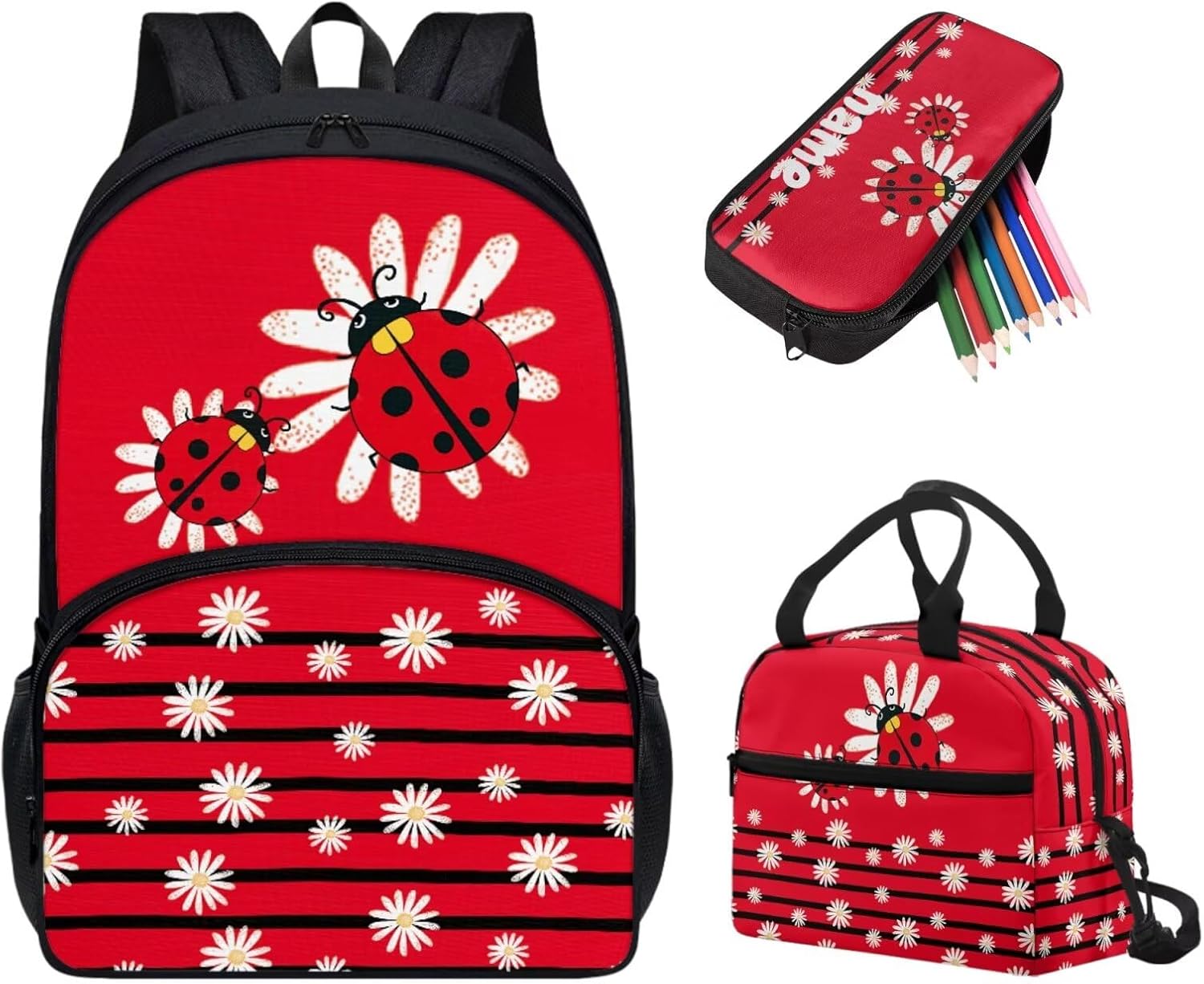 Tuoxiukan Ladybug Backpack for Girls 6-8 3-Piece School Backpack with Lunch Box and Pencil Case Zipper Lighight School Bookbag Large Capacity Lunch Bag for Girls Teens