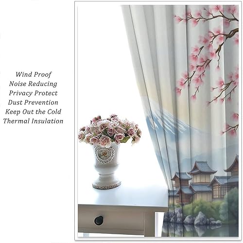 Miniatura 47 de Cortina japonesa, pintura de tinta tradicional retro con diseño de gato rojo cerezo en flores, cortinas con aislamiento térmico y bolsillo