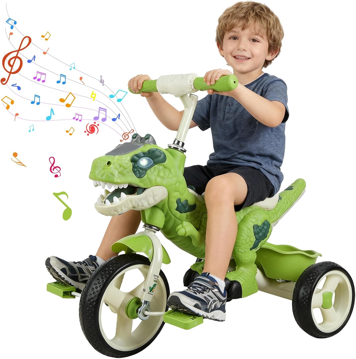 Tricycle for Toddlers 2-7 Year Old, Toddler Bike Outdoor Toys with Light, Music and Storage Basket, Dinosaur Shaped Design, Kids Balance Bike for Indoor/Outdoor Green