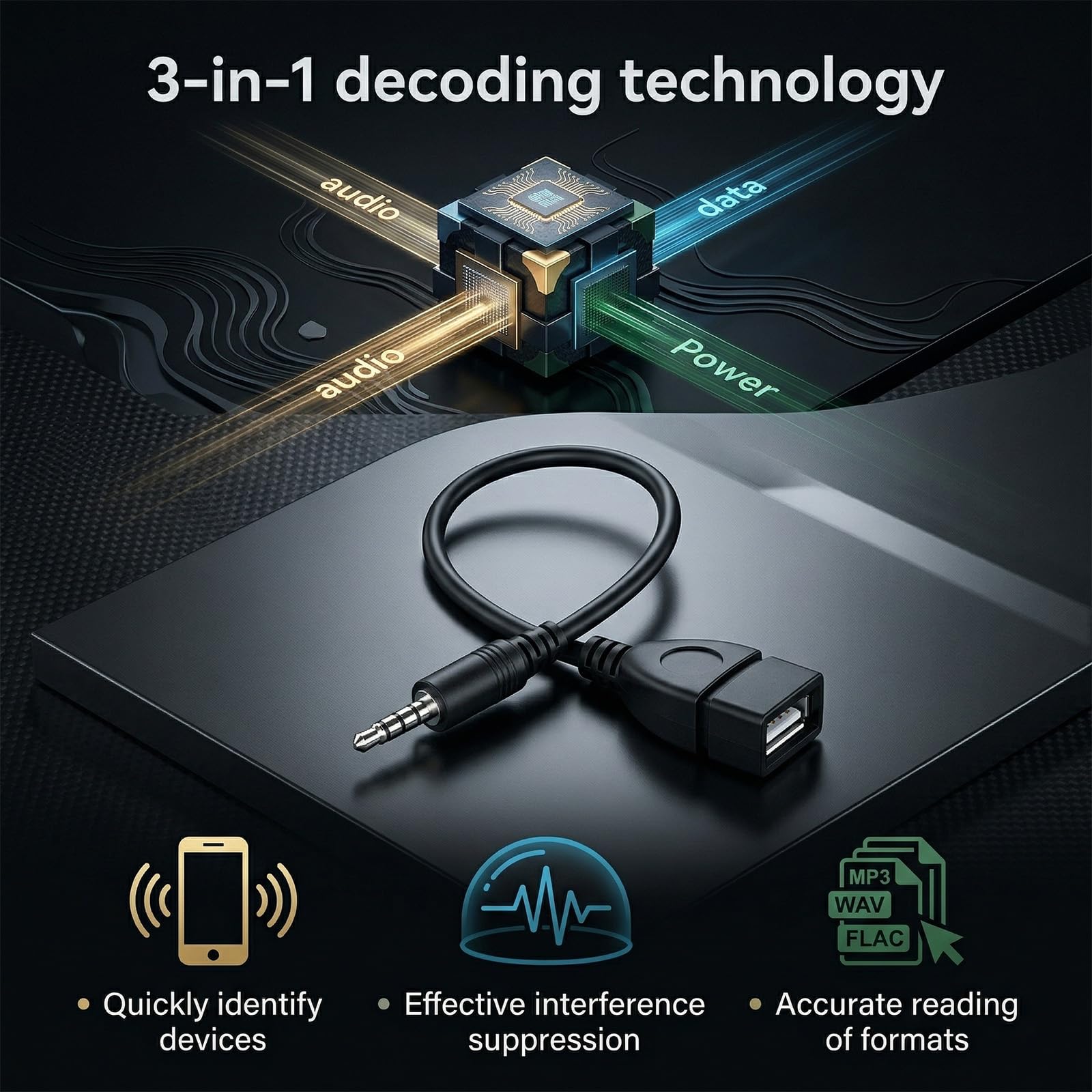 TNSLAND - Set da 2 adattatori USB con jack, adattatori audio AUX da 3,5 mm (da jack a presa USB), OTG plug-and-play per autoradio, impianti audio per auto e lettori CD/DVD – nero