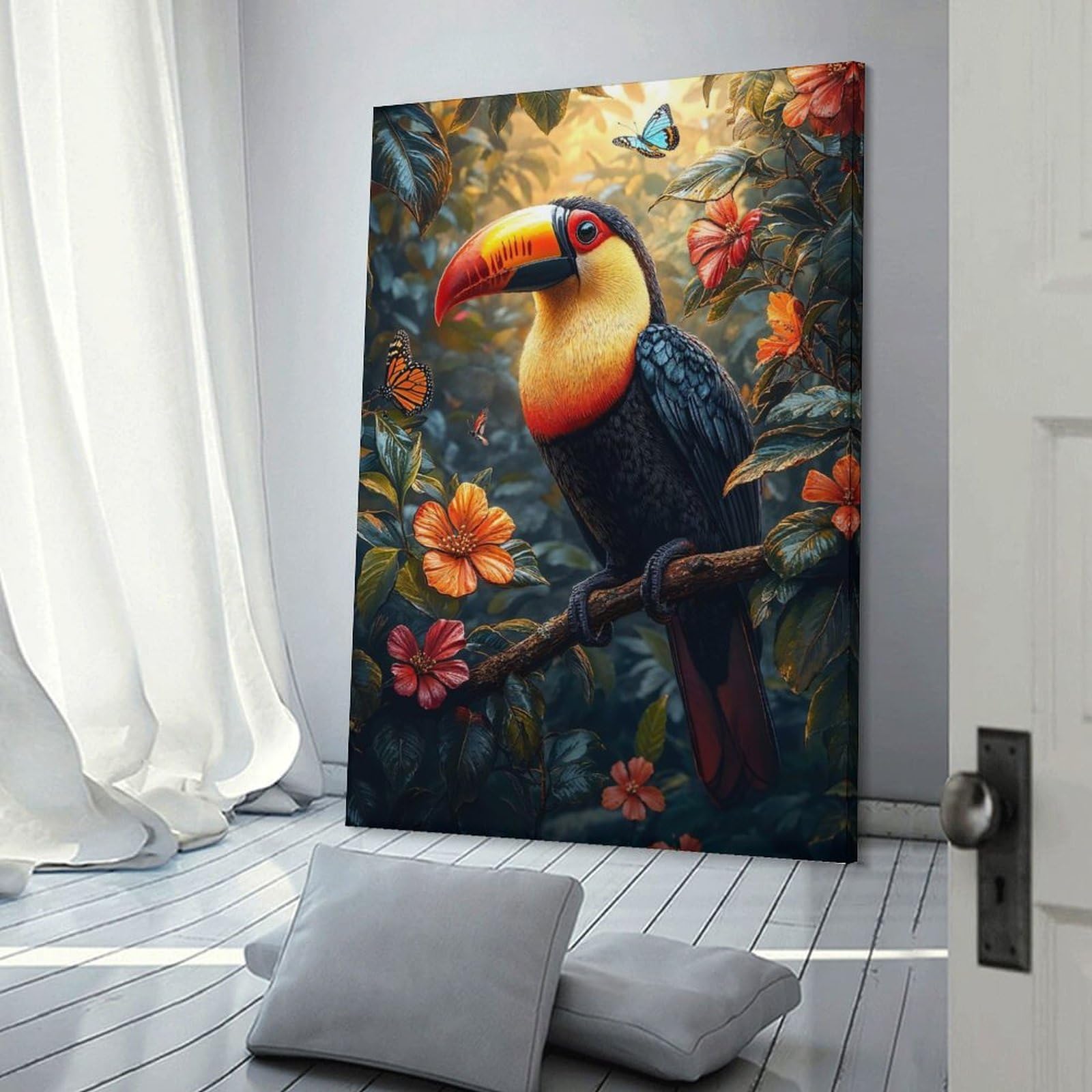 Junmoney Toucan in A Tropical Paradise Canvas Art Print, 20x30inch(50x75cm), for Bedroom Decor, Cosy Corners Or Studios, A Warm Accent for Relaxed Interiors