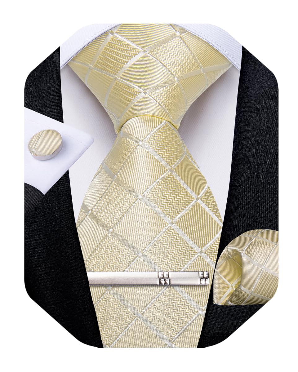 DiBanGu Mens Silk Plaid Tie and Pocket Square Set | Elegant Silk Formal Tie Set, Woven Check Necktie and Cufflinks Tie Clip Set, Perfect for Wedding Party, Comes in Gift Box