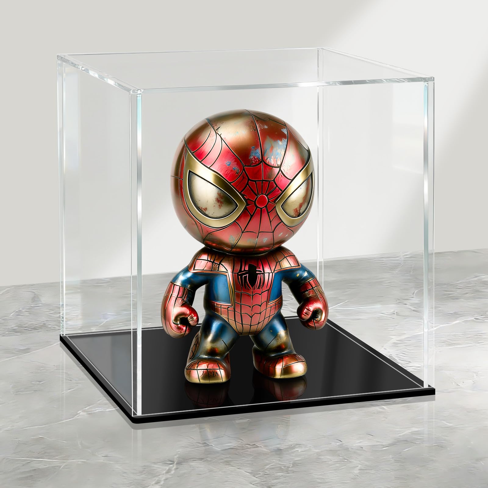 LANSCOERY Clear Acrylic Display Case, Assemble Cube Display Box Stand with Black Base, Dustproof Protection Showcase for Collectibles Memorabilia Figurines (4x4x4 inch; 10x10x10cm)