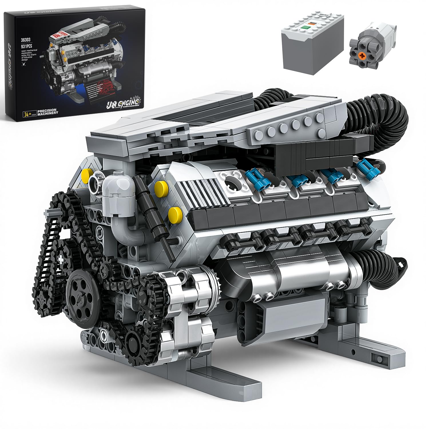 Mavo brix Kit modello di motore V8 funzionante, set da costruzione MOC da collezione con motore, decorazione per la casa e l'ufficio, bambini dai 14 anni in su e adulti, 931 pezzi