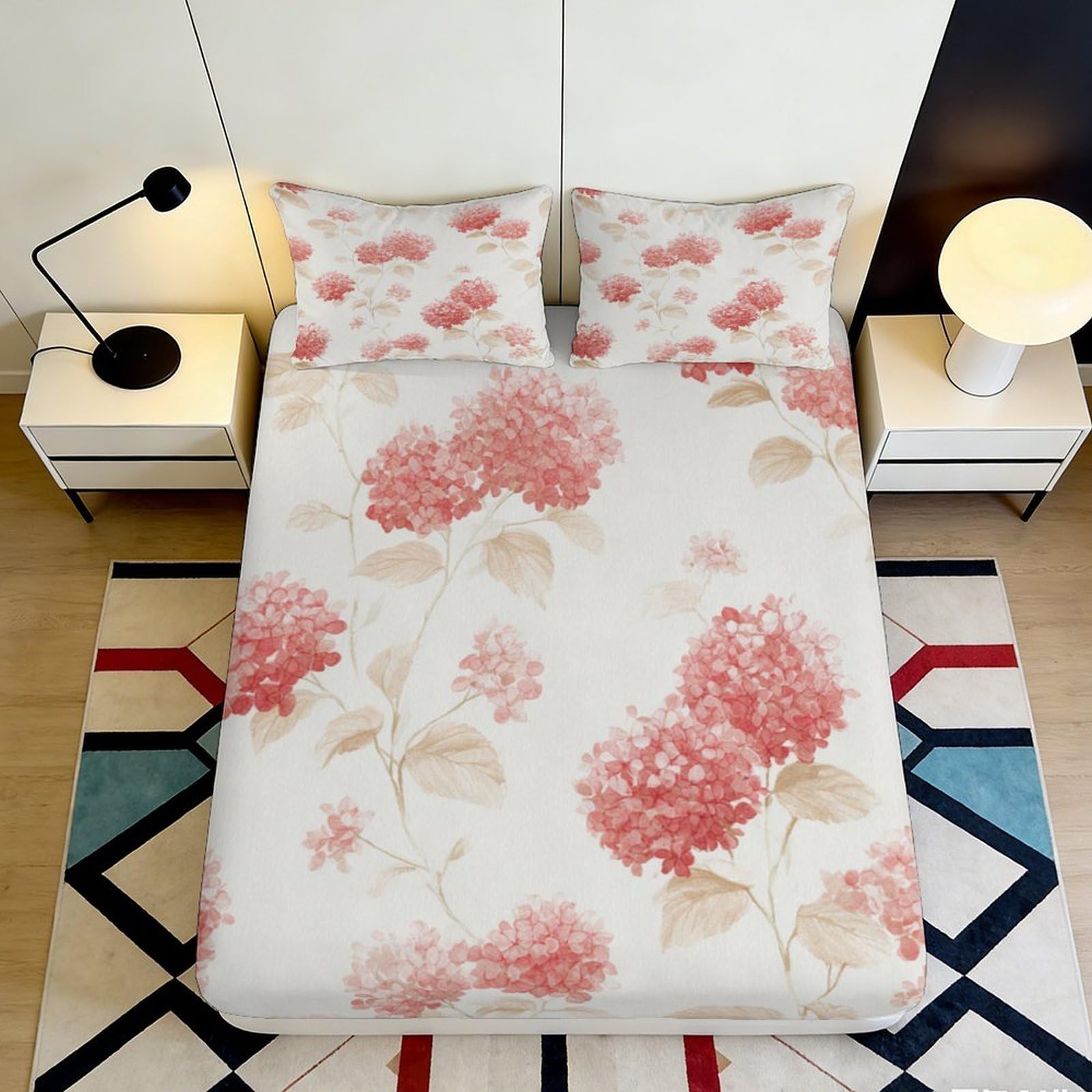 3D Printed Pink Hydrangea Fitted Sheet Microfiber Floral Mattress Cover Anti-Slip Machine Washable Bedroom Decor 200x200x25cm