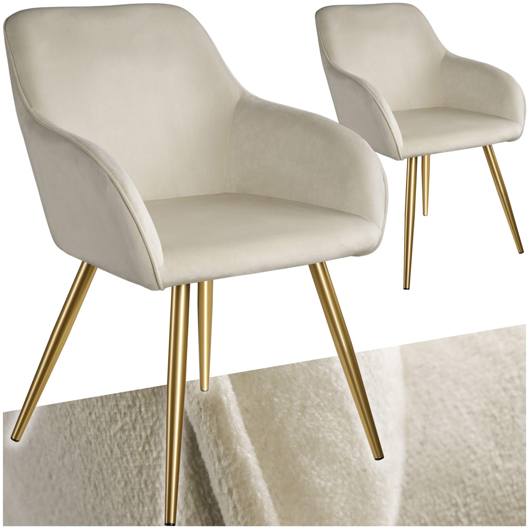 tectake® Set 2 Sedie Sala da Pranzo Effetto Velluto, Sedie Soggiorno con Morbida Imbottitura, Seduta Ergonomica, Poltrone Velluto Versatili, Sedie Design Moderno - Crema/Oro