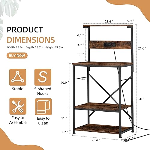 Miniatura 3 de Shintenchi Estante para panaderos con toma de corriente, organizador de cocina y almacenamiento con 6 ganchos, soporte para horno de microondas,