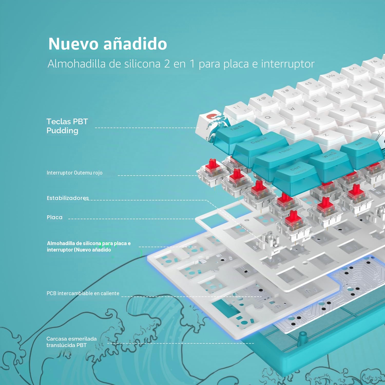 WK61 Teclado Mecánico 60% para Juegos Cableado, RGB | Teclado Gaming cableado en Caliente con Teclas PBT Mar del Coral para Jugadores de PC con Windows - Interruptor Lineal Rojo
