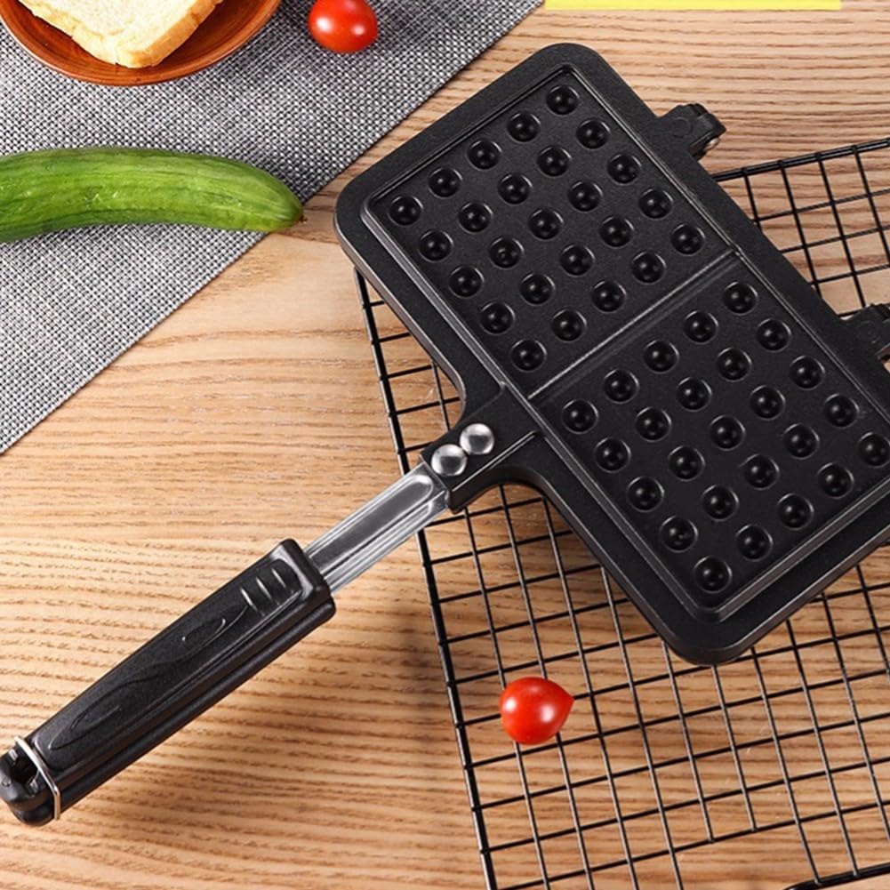 Sartén antiadherente belga para estufa de gas, parrilla giratoria de metal para desayuno, cocina de doble cara con mango resistente al calor (gofre de dos cabezas)