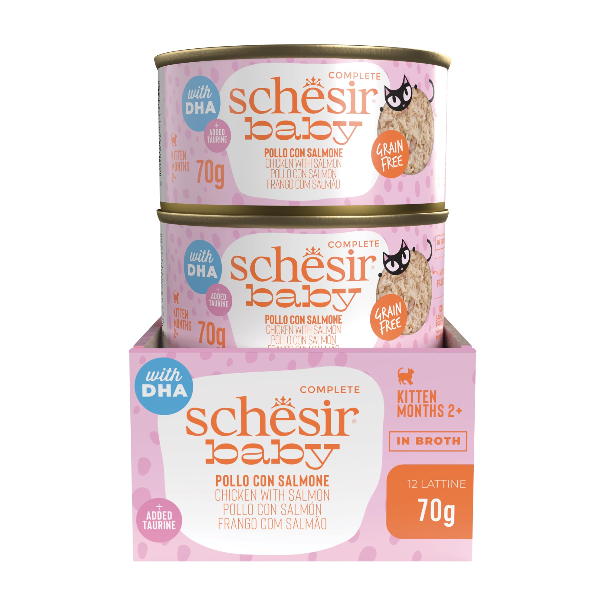 Schesir Baby, goût Poulet et Saumon, Nourriture Humide complète pour Chatons avec DHA et Taurine (12 boîtes de 70 g)