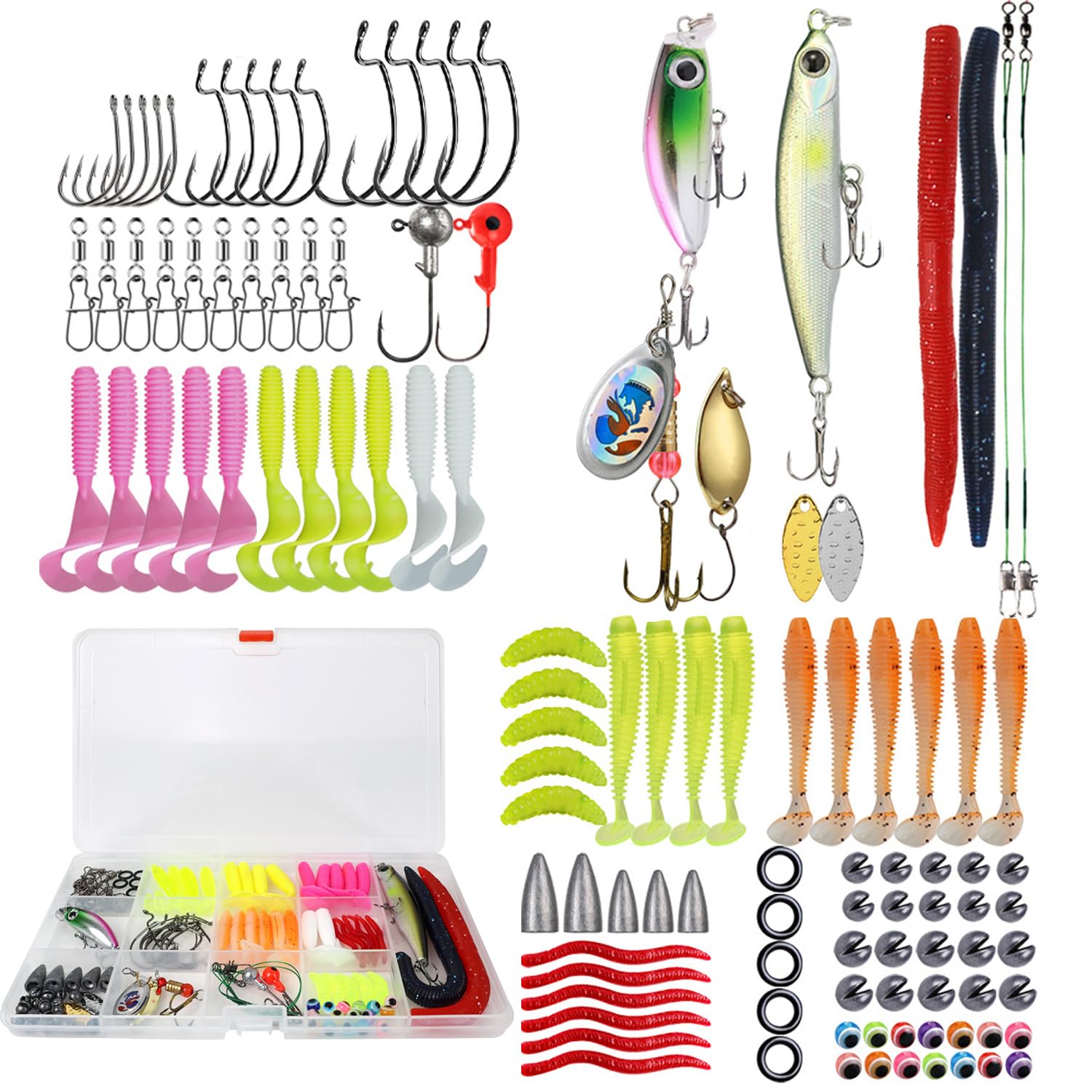 114 Pcs Tackle Box Kit With Spinners, Soft Lures, Bait, Plastic Worms, Hooks, Weights, Swivels for Trout Bass Freshwater Fishing Accessories