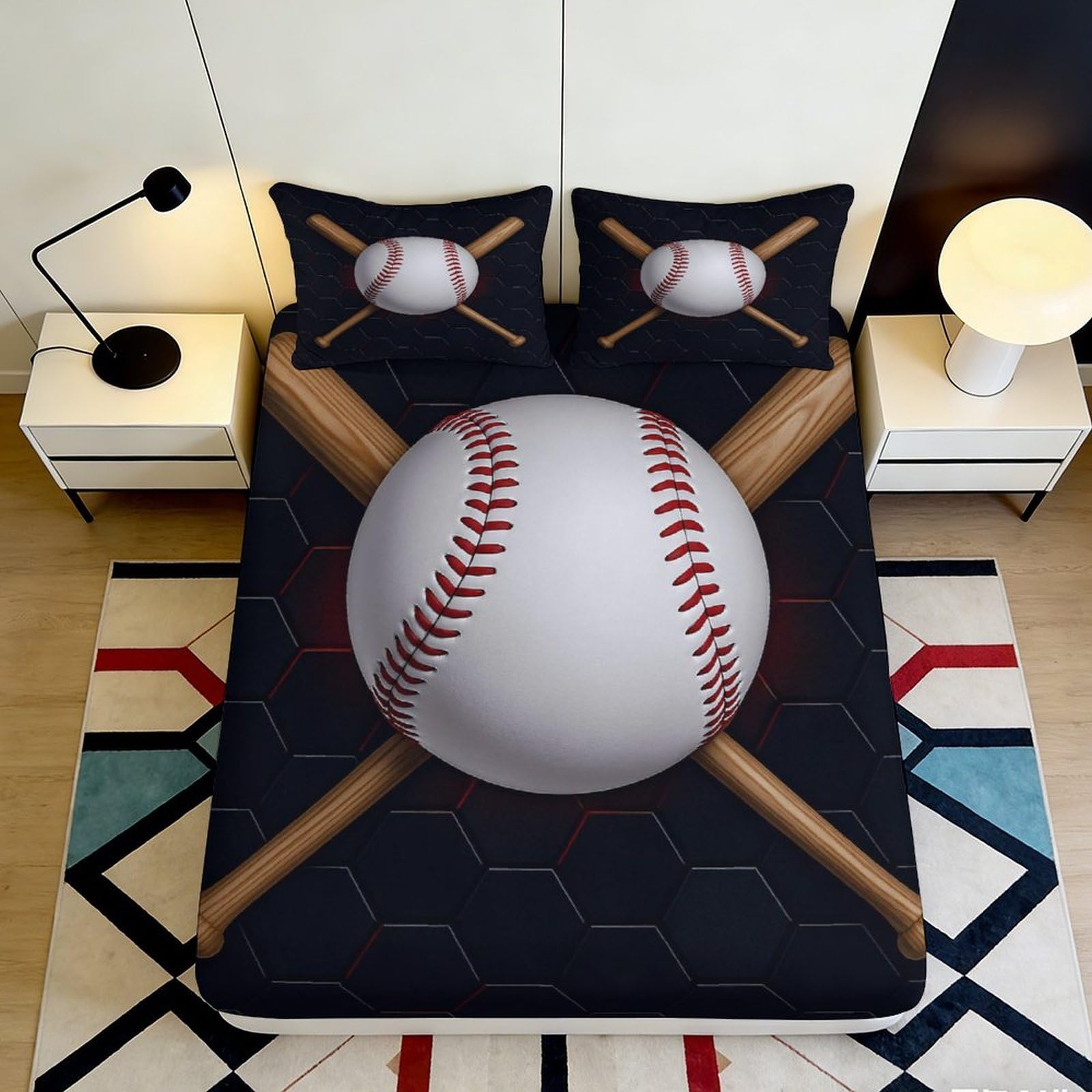 3D Printed Baseball Pattern Fitted Sheet Microfiber Soft Durable Baseball Bats Bed Cover for Bedroom Dormitory Guest Room Mattress Protection 180x200x25cm