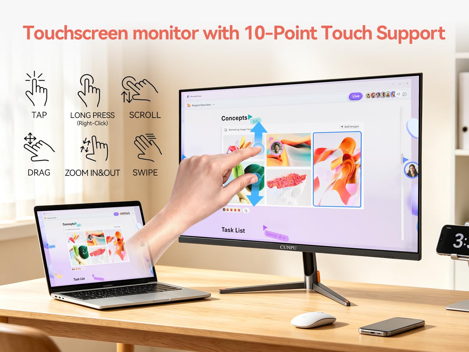 CUNPU Monitor touchscreen da 24 pollici, 10 punti di tocco, schermo IPS FHD 1080P 75Hz, 100% SRGB, montaggio a parete VESA, regolazione inclinazione, VGA HDMI USB per PC, computer portatile e