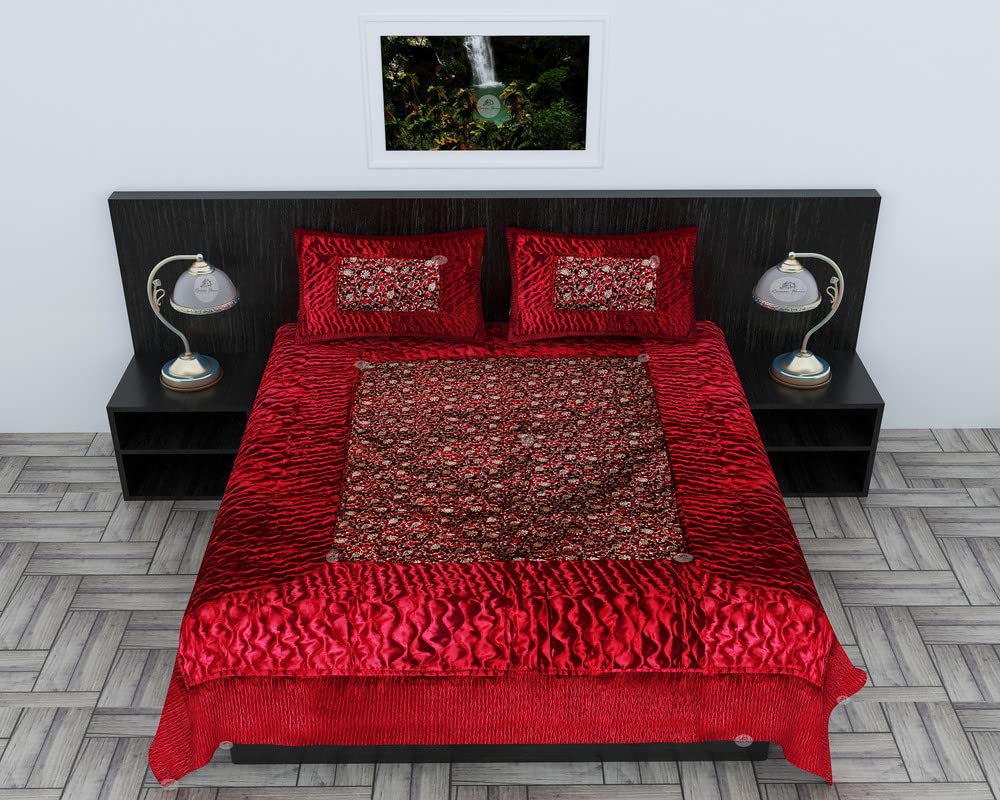 ROMAN HOMEVIP Bedsheet Satin Silk Wedding Bedsheet Set of 3 pcs / 1 Double Bed Bedsheet with 2 Pillow Cover - Pack of 3 Pcs( nr Blue)