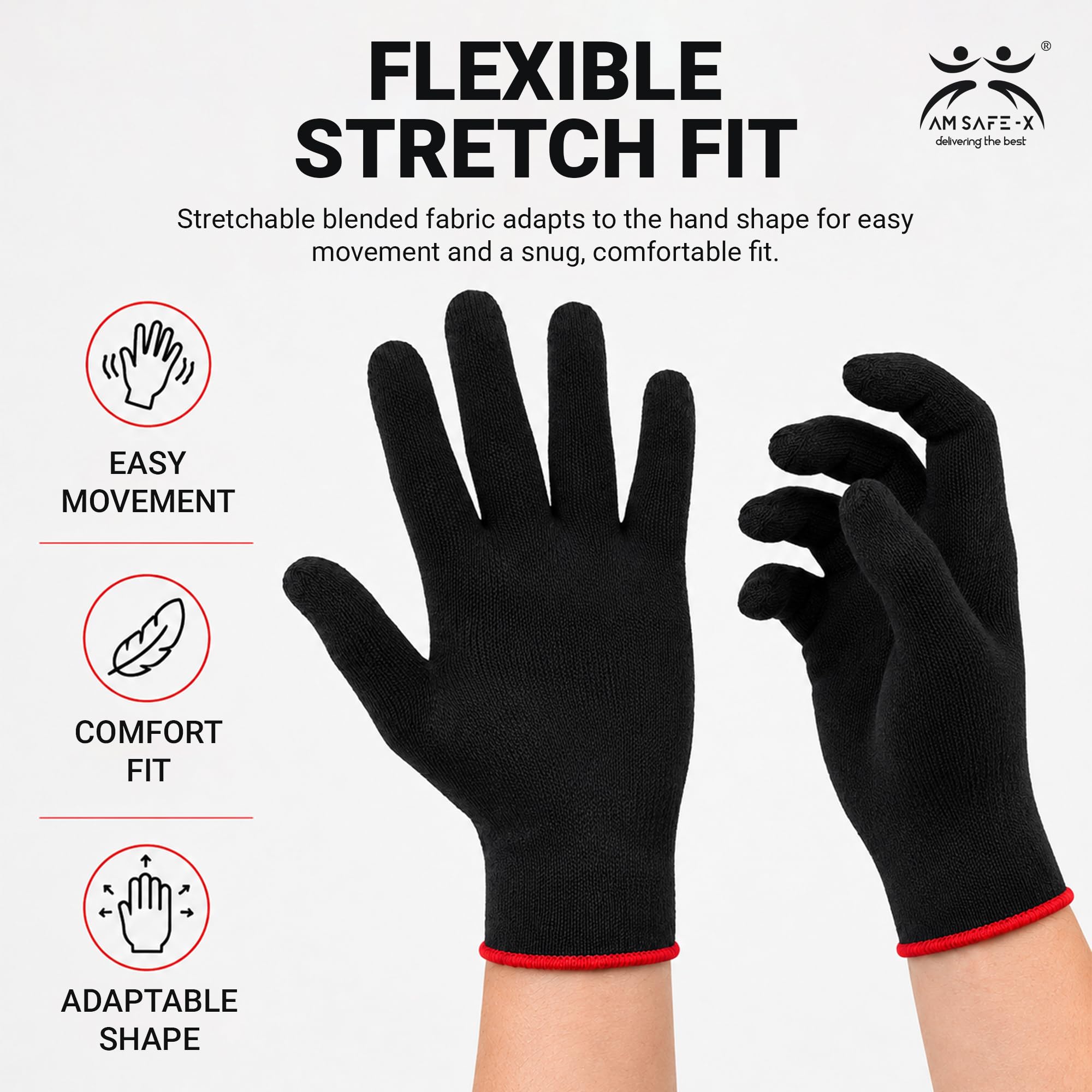 AM Safe-X Premium Black Cotton Gloves for Men & Women | Lightweight Breathable Knitted Gloves | Soft Stretch Fit | Reusable Hand Protection for Driving, Gardening, Warehouse & General Use | 5 Pair 2