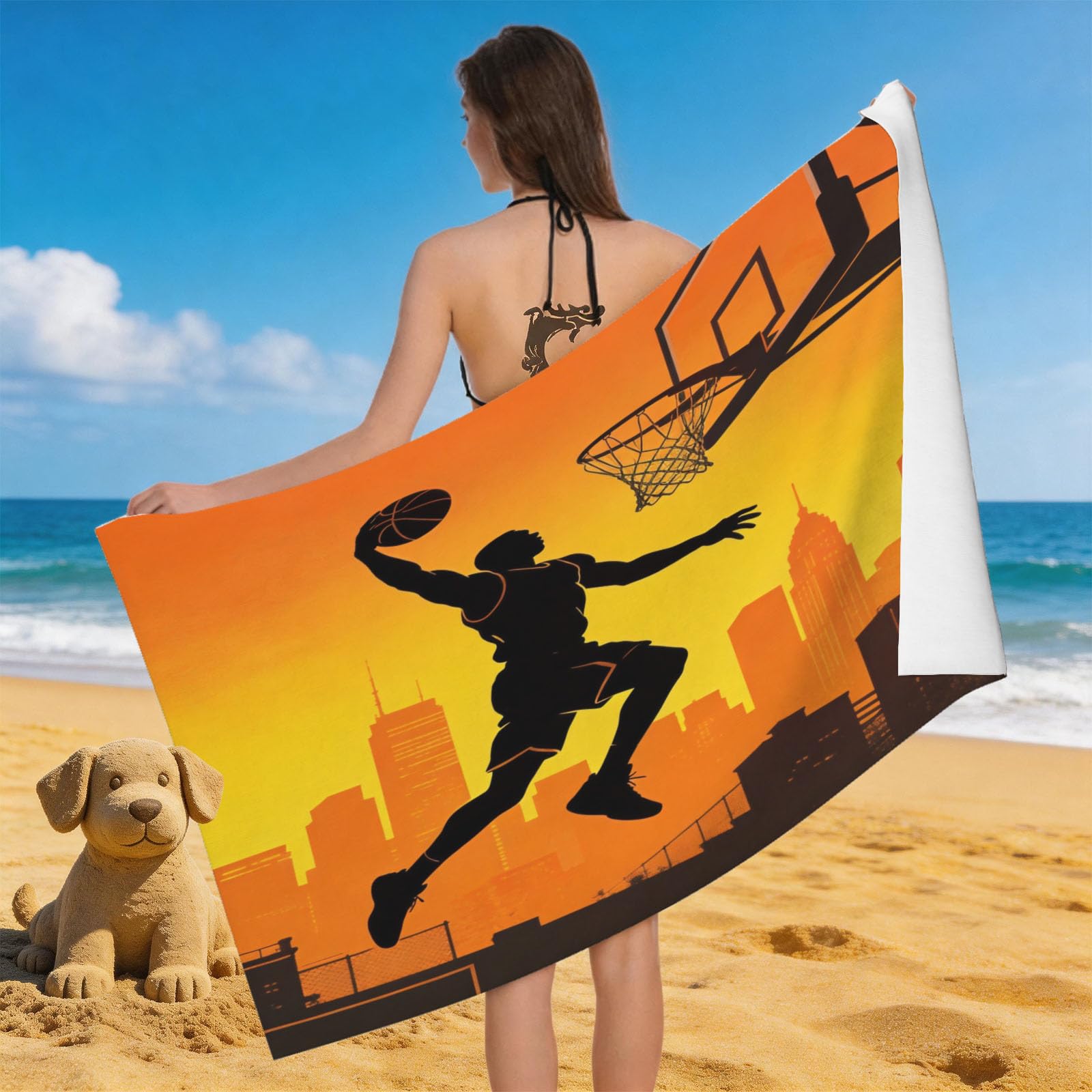 Leichong 3D Basketball Player Beach Towel Large Microfiber Soft Quick Dry for Adults, Basketball Hoop Bath Towel Lightweight Soft Absorbent for Travel Swimming Pool Sports, 180 x 90 cm